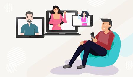 People video call meeting at home. by using phone, tablet, laptop. Via social media networks. for leaving comments in social networks. with guys and women image sticking out the screen. 
のイラスト素材