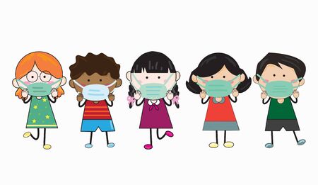 Children, boys, and girls wear a mask. To protect against Covid-19. vector illustration Child's drawing style on a white background. For the design Back to school in a new normal concept.
のイラスト素材