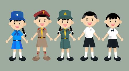 Student, boy scout, and girl scout. Cartoon boy and girl Dress in Thai school uniform. For designing public relations related to student activities such as back to school.&#xA;のイラスト素材