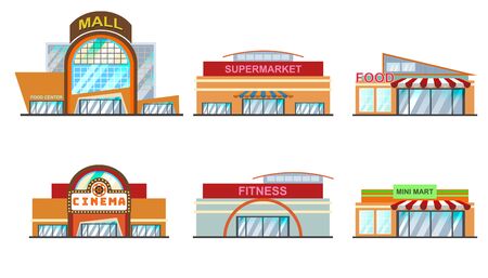 Flat vector building. Set of colorful cartoon city store. Shopping mall building, Cinema, Supermarket, Minimart, Restaurant, Fitness, city collection. for Infographic elements. Isolated illustration.のイラスト素材