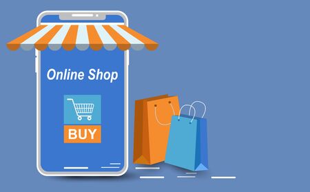 Smartphone with screen for product images. or for the online store website. Blue and orange elements To arrange the elements web page shopping online. Along with the bagged product.のイラスト素材