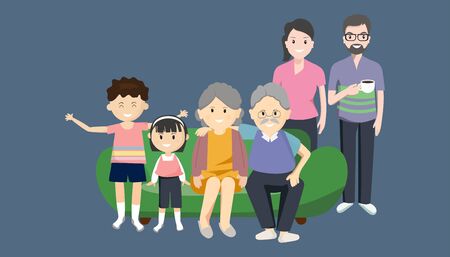 Family, happiness, generation, and people concept - a happy family sitting on a couch at home  Avoid to the Outside house. The range outbreak control. The outbreak of the Covid-19. Is New normalのイラスト素材