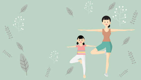 Mother, daughter play yoga. Women and girls doing meditation with exercises at home. Yoga posture on a green background and vintage pattern  Avoid to the Outside house., Fight Against Covid-19のイラスト素材