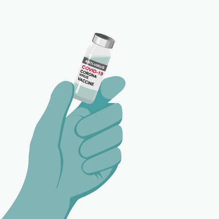Hand wear gloves and the vaccine. vaccine bottle.It use for prevention,immunization and treatment from coronavirus infection(coronavirus disease 2019,COVID-19,nCoV 2019 ). Medicine infectious concept.のイラスト素材