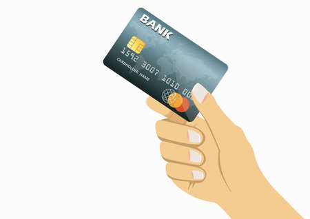 Holding a Gray Credit card  isolated on white background. Vector illustration Realistic detailed with World map background design. &#xA;のイラスト素材