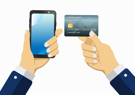 Hand holding smartphone with online shopping app. and credit card. Mobile payment, credit card, the concept of paying e-commerce, flat modern illustration design isolated white background image.のイラスト素材