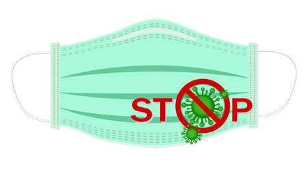 Medical mask concept. Stop coronavirus COVID-19. and The green virus symbol inside the red circle frame and the cross symbol. stop germs and prevention. Is part of the new normal.The outbreak controlのイラスト素材