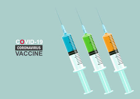 Medicine syringe for injection. Medical syringe for vaccination Contains blue, green, and orange vaccines. Isolated vector illustration Covid-19 Coronavirus vaccines concept.のイラスト素材