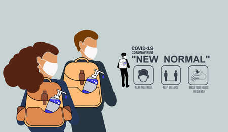 People who are wearing a mask. with to carry hand cleaning equipment. And maintain physical distance. to Prevent the outbreak covid19. That over the world to plan for prevention is New way of lifeのイラスト素材