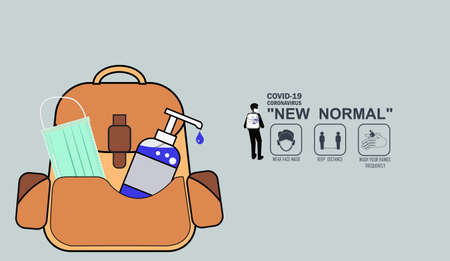 Backpack with including a medical mask and alcohol gel, new normal, vector illustration,  Health care concept, or Back to school during the Covid-19 pandemic concept, to Prevent the outbreak covid19.のイラスト素材