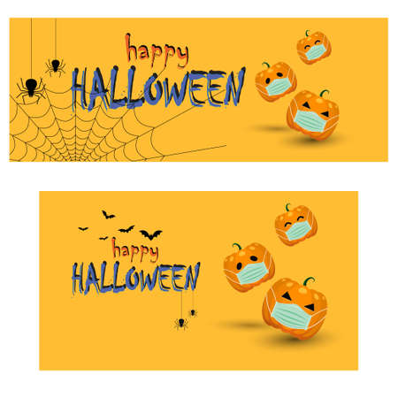 Simple Halloween pumpkins Wearing a medical mask. To protect against Covid-19. On orange background, Happy Halloween, or Halloween sell the concept. banner Design - Two size For mobile phone screen.&#xA;のイラスト素材