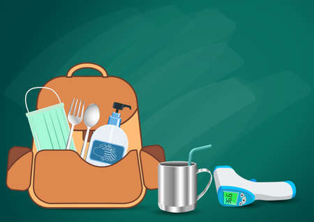 Backpack Prepare With important as medical masks, hand washing gels, fever measuring devices. New normal, Back to school concept. to Prevent the outbreak during the Coronavirus Covid-19 pandemic.のイラスト素材
