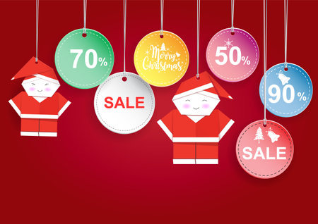 Sale label. Multicolored Christmas balls. The folded paper of Santa Claus. Special offer vector tag. New year holiday card template. Shop market poster design. Paper cut vector illustration.のイラスト素材