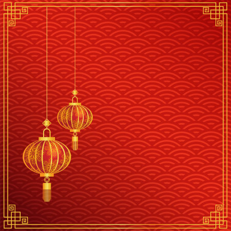 Golden Color Chinese Lantern. Chinese frame On pattern background red traditional pattern.のイラスト素材