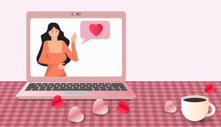 Valentine's day Video meeting of women. Online communication. at home on laptops. Composition pictures on a home desk. with paper heart ant Coffee cup. for Expressing love on social networks.のイラスト素材