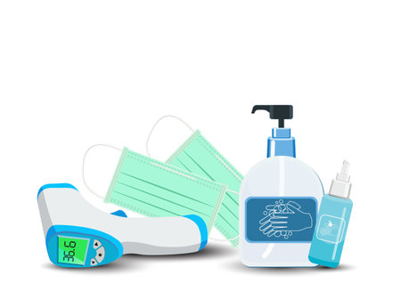 Important equipment during the epidemic control covid19. as medical masks, hand washing gels, mobile fever measuring devices for prevention is a new normal, new way of life. white background  Isolatedのイラスト素材