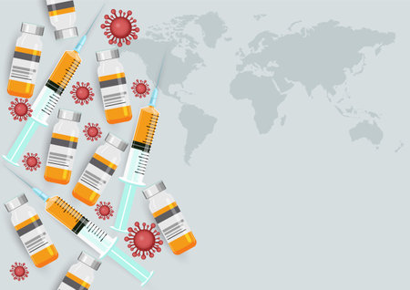 Medicine bottle and syringe vector background. With a world map. Medicine bottle for injection. Medical glass vials and syringe for vaccination composition.のイラスト素材