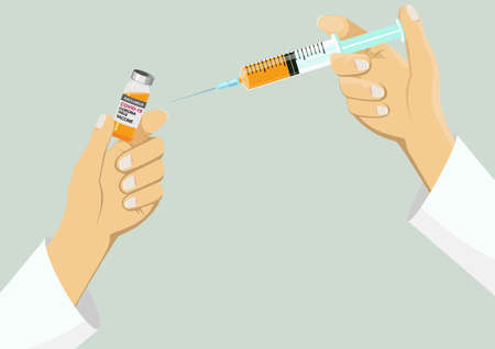 Hand holding a vaccine Orange liquid in the syringe. injecting It uses for prevention, immunization, and treatment from coronavirus infection ( COVID-19,nCoV 2019 ) Medicine concept. with copy space.のイラスト素材