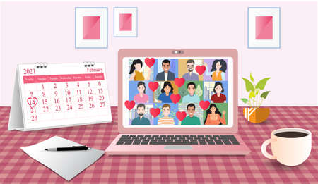 Valentine's day Video meeting of a people group. Online communication. at home on laptops. Composition pictures on a home desk. with Calendar marked on 14th February 2021 paper heart ant Coffee cup.のイラスト素材