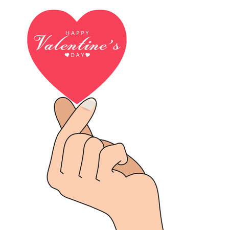 Mini heart. Korean love sign, I love you With a Happy Valentines Day text in the shape of pink heart valentine's day poster decoration. Korea finger heart vector illustration On a white background.のイラスト素材