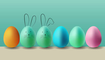 Easter eggs. Lined up with different colors. Drawing up a cute bunny. Funny decoration. Happy Easter...