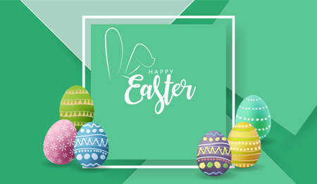 Happy Easter text. With Copy space for text. and Colorful Easter eggs. Freehand Drawing pattern up a cute decoration. vector illustration on a green background.for the Easter holiday concept.のイラスト素材