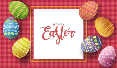 Easter poster and banner template with Colorful Easter eggs on pink plaid fabric background. white and gold text box. For Greetings and presents writing. Promotion and shopping template for Easter.のイラスト素材