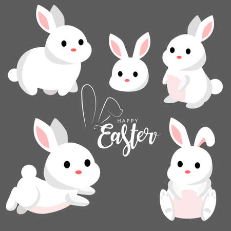 Cute white rabbit set vector illustration. Easter cartoon bunny isolated on Gray background. with Happy Easter text. of the Easter holiday concept. Promotion and shopping for Easter.&#xA;&#xA;のイラスト素材