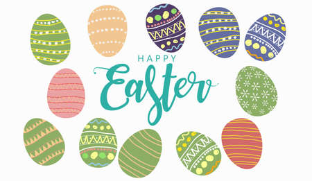 Happy Easter text. and Colorful Easter eggs. Freehand Drawing pattern up a cute decoration. With Copy space for text. vector illustration on a white background. for the Easter holiday concept.のイラスト素材