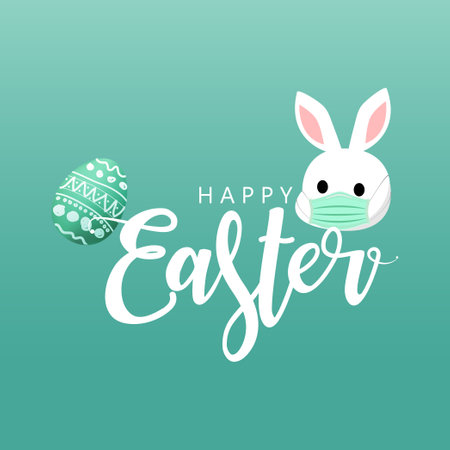 Happy Easter text. and green easter eggs. Freehand Drawing pattern.  with a Cute white rabbit wearing medical masks. Conceptual image of Easter during  epidemic lockdown.のイラスト素材
