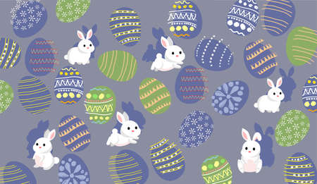 Easter pattern in retro style. Repeating vector background with childish Freehand Drawing of easter eggs, and rabbits. vector illustration on a blue backdrop. Suitable for the Easter holiday concept.のイラスト素材