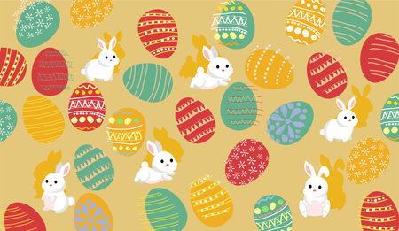 Easter pattern in retro style. Repeating vector background with childish Freehand Drawing of easter eggs, and rabbits. vector illustration on Orange backdrop. Suitable for the Easter holiday concept.のイラスト素材