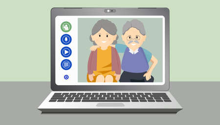 Headshot portraits webcam laptop screen old people videoconference application meeting. Caring for the elderly during the Covid-19 pandemic Online communication concept to Prevent outbreak covid19.&#xA;のイラスト素材