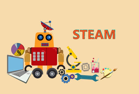 STEAM Education. A Framework for Education Across the Disciplines. Science Technology Engineering Arts Mathematics. Composition with robot Scientific instruments, technology, computers, hand tools.のイラスト素材