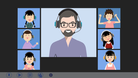 Meeting or Learning online for the teleconference, people connecting together video conference remote working on the computer, work from home and work from anywhere concept, flat vector illustrationのイラスト素材