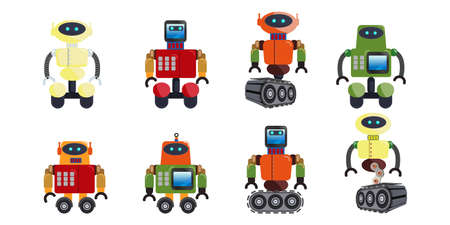 Set of Robot Characters, Funny robot. Transformation Robots Engine drive wheels 8 different future robots isolated on white. Flat vector illustration set. For about education, science, and technology.のイラスト素材