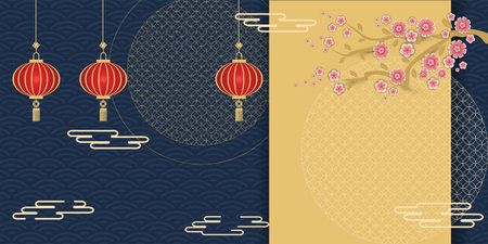 Mid Autumn Festival Chinese and Korean festivals. graphic design illustration. Consisting Moon with Chinese patterns, clouds, lanterns, flowers sakura, Chinese patterns on a blue background.のイラスト素材