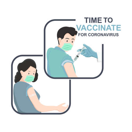 People Wearing Medical Mask Getting a Vaccine. with Hand doctor medical glove vaccine against coronavirus. It uses immunization of coronavirus infection obtaining. with Time to vaccinate text.のイラスト素材