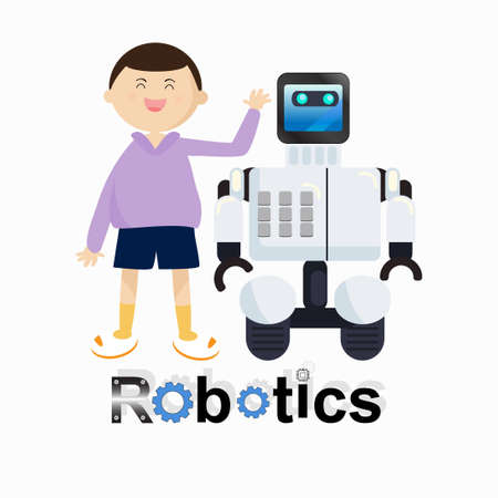 Happy kid playing with toy robot at home. Robotics and boy mechanic repairing the robot. emblem of robotics. isolated on white. Flat vector illustration For education, science, and technology.のイラスト素材