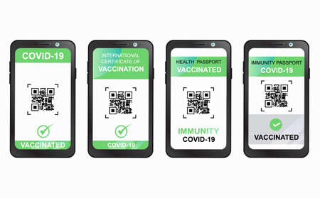 Digital green pass. QR code on the screen of a mobile. Health Passport set. on a smartphone. vaccination certificate Immunity from Covid-19. for Travel without restrictions worldwide online.のイラスト素材