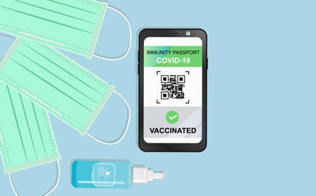 Electronic Immunity passport with a COVID-19 vaccination certificate and QR-code on a smartphone screen with Hand gel and protective mask on the blue background. Flat lay. Concept of vaccination.のイラスト素材