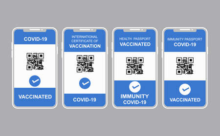 Digital green pass. QR code on the screen of a mobile. Health Passport set. on a smartphone....