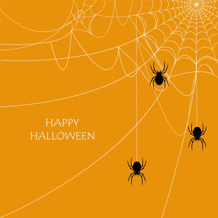 Happy Halloween. black silhouette spider. and spider web on orange background. illustration For web backgrounds, design elements, logos, badges, labels, for the happy Halloween concept.&#xA;のイラスト素材