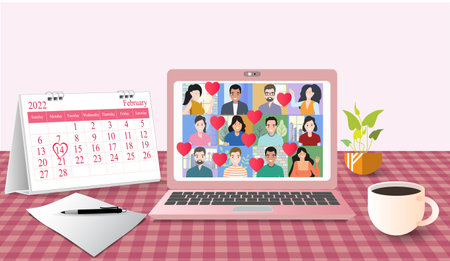 Valentine's day Video meeting of a people group. heart shape, Online communication. at home on laptops. Composition pictures on a home desk. with Calendar marked on 14th February 2022, and Coffee cup.のイラスト素材