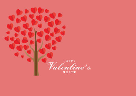 Red heart, paper cut style, hanging together into a tree On a pink background For greeting cards, greeting writing, Valentine's Day. Simple appearance with copy space for Happy Valentine's Day text.のイラスト素材