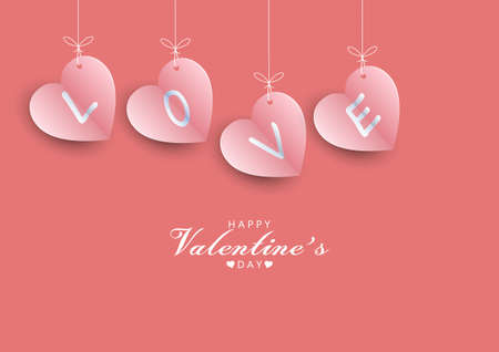 Pink heart, paper cut style, hanging with white rope with love text, On pink background For greeting cards, Valentine's Day. Simple appearance with copy space for Happy Valentine's Day text.のイラスト素材