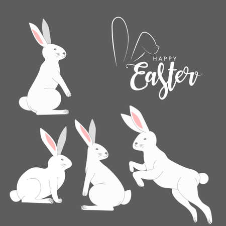 Cute white rabbit set vector illustration. Easter cartoon bunny isolated on Gray background. with Happy Easter text. of the Easter holiday concept. Promotion and shopping for Easter.&#xA;&#xA;のイラスト素材