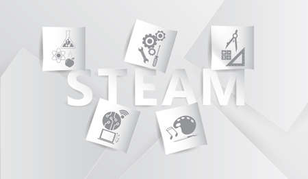 Banner Education. Science Technology Engineering Art Mathematics. Abbreviations STEAM paper cutting. on sheets overlap background, icon Science, Electric circuits, Toolsmith, Art symbol, Math symbols.のイラスト素材