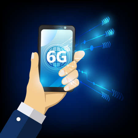6G technology concept. Hand using mobile daily life, smartphone with the letters 6G. Sixth...