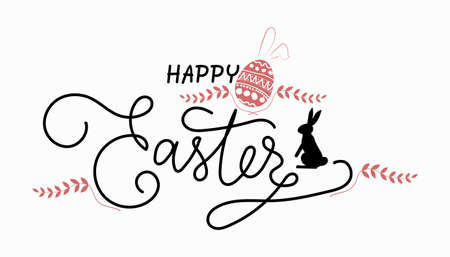 Hand writing easter phrases. greeting card text template with easter eggs with rabbit ears isolated on white background. merry easter lettering. for badges designs, emblems religious, web banner. &#xA;のイラスト素材